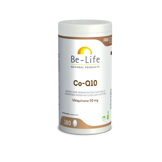 Be-Life Co-Q10 50mg capsules, vitamin supplement bottle with 180 capsules, shown in clear label view