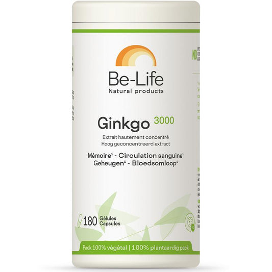 Be-Life Gink-go 3000 bio softgels in a bottle, herbal supplement packaging for Kruidenpreparaten, showing the product label and capsules