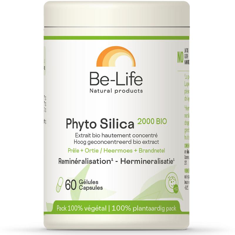 Be-Life Phyto Silica 2000 Bio softgels, herbal supplement in a clear bottle with softgel capsules inside.