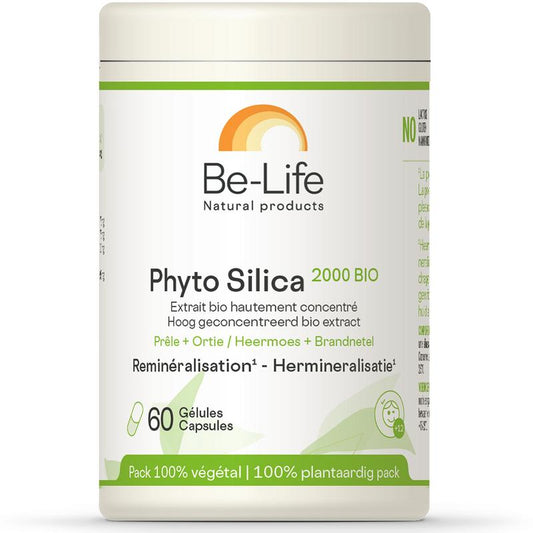 Be-Life Phyto Silica 2000 Bio softgels, herbal supplement in a clear bottle with softgel capsules inside.