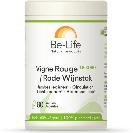 Be-Life Rode wijnstok 1800 bio softgels bottle, close-up of the herbal supplement container with label details.