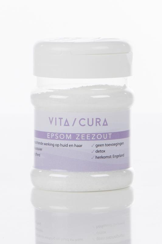 Vitacura Epsom zout for bath and shower, 200g package with white crystalline Epsom salts in a clear container.