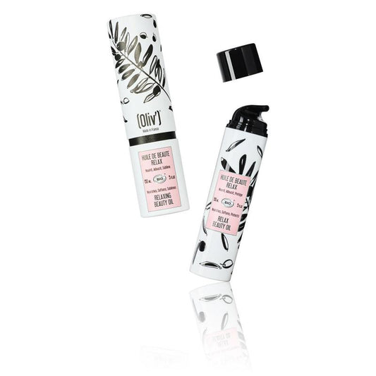 Oliv Bio Relaxende beauty olie in 150ml bottle, natural body care product with a clear label and a dropper cap.
