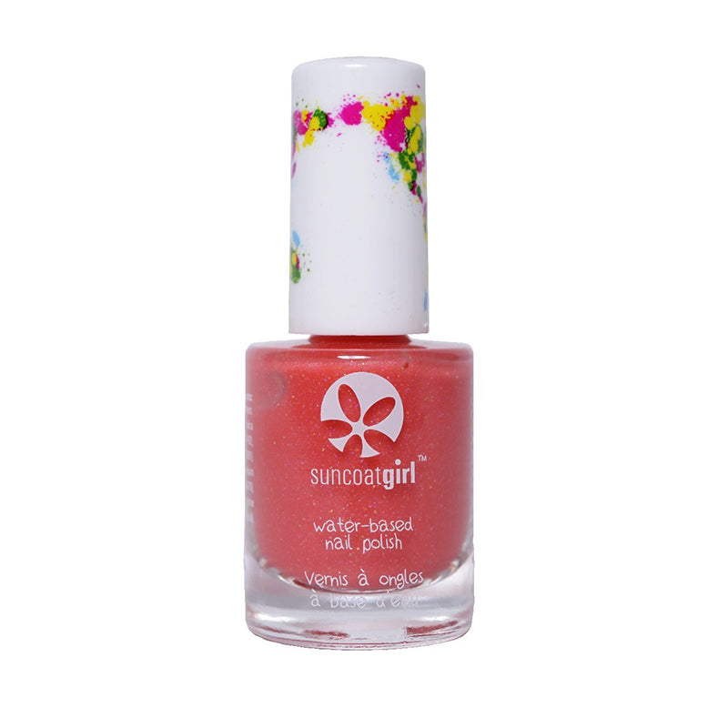 Suncoat Girl cherry blossom non-toxic nail polish bottle, 9ml, with pink and white floral design on the label.