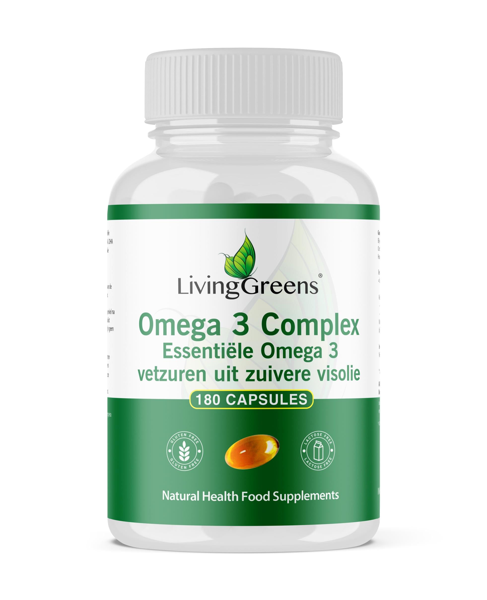 Livinggreens Omega 3 visolie complex capsules, 180-count, softgel dietary supplement with omega-3 fatty acids.