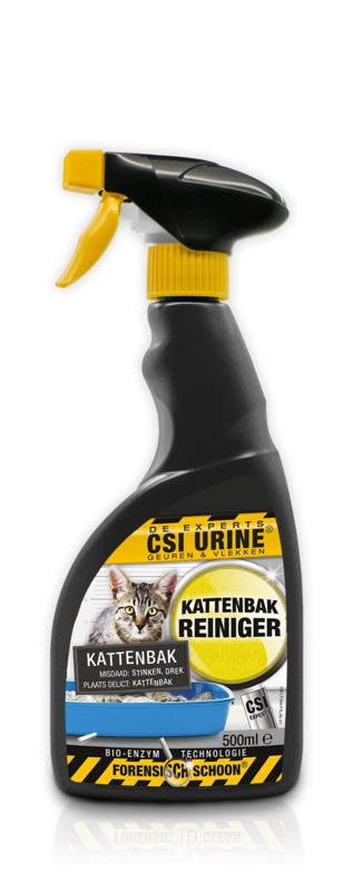 Csi Urine Kattenbak spray bottle, 500ml, cleaning product for cat litter box odors and stains, in a clear spray bottle.