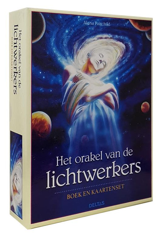 Deltas Het orakel van de lichtwerkers boek en kaartset, spirituality guide and tarot cards, displayed on a table