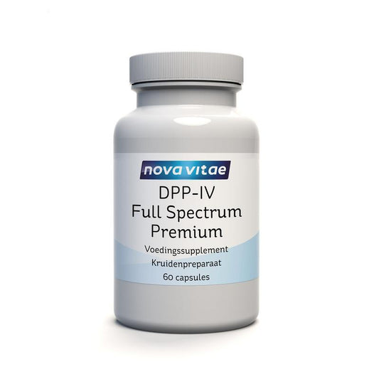 Bottle of Nova Vitae DPP-IV full spectrum herbal supplement capsules, 60 count, in clear container with label visible.