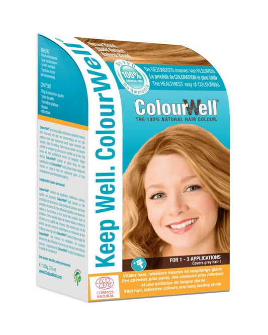 Colourwell 100% natural blonde hair dye in 100g package, showcasing the natural hair color and packaging of the Colourwell haarkleuring.