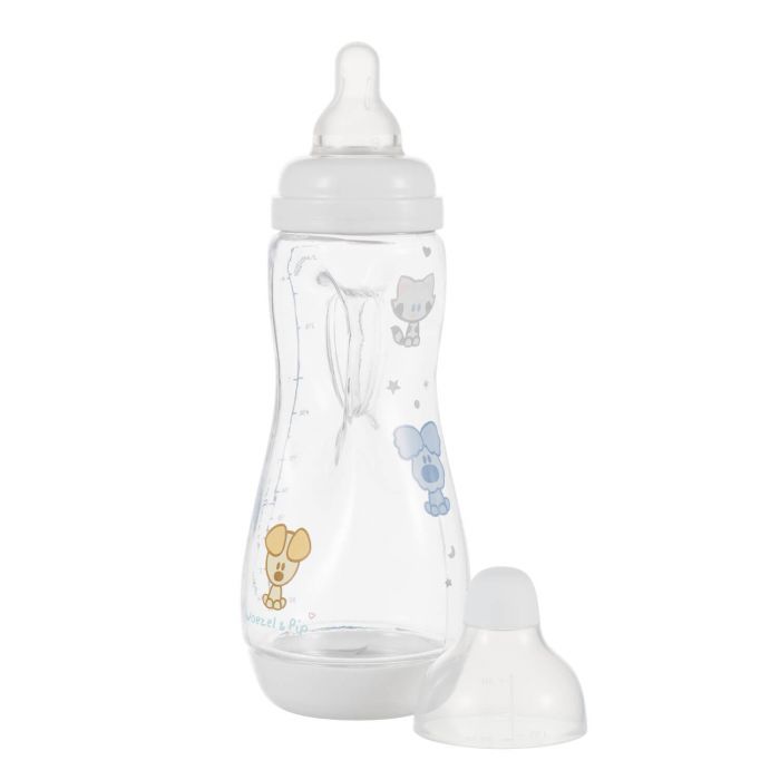Difrax baby bottle handle in soft flesh color with Woezel & Pip design for 240ml bottles, suitable for young children.