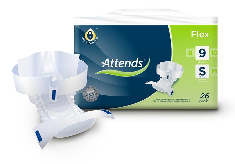 Attends Flex 9 incontinence pads, size S, 26 packs, featuring discreet absorbent design for reliable moisture control