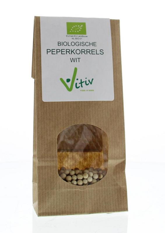 Vitiv organic white peppercorns in a 40g container, displayed with fresh peppercorns and herbs on a kitchen surface.