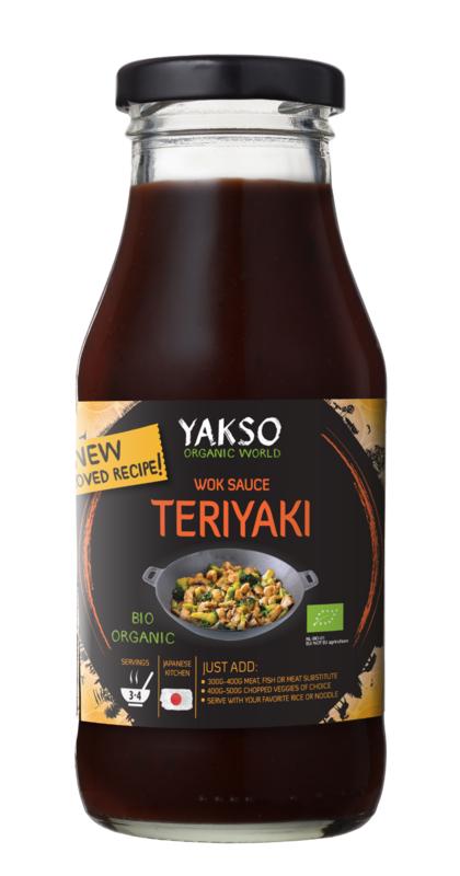 Yakso bio teriyaki woksaus in 240ml bottle, natural soy-based sauce with teriyaki flavor for stir-fry dishes.