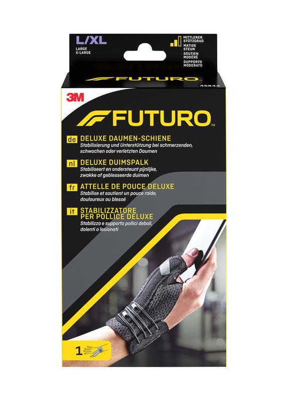 Futuro Deluxe duimspalk maat L/XL in zwart, a supportive thumb splint designed for stabilizing injuries.