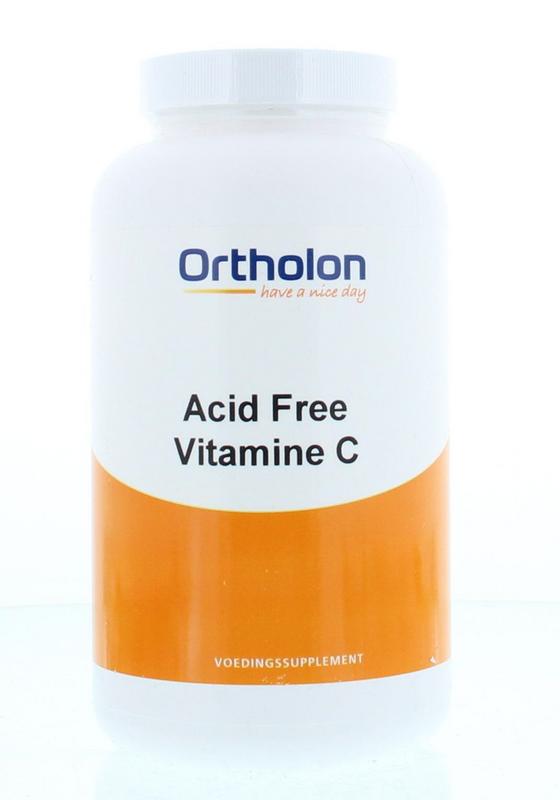 Ortholon Vitamin C acid-free vegetarian capsules, 270 count, showing the soft gel capsules in a clear container.