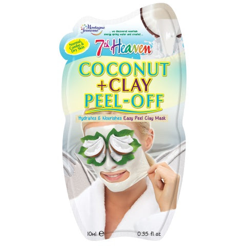 Montagne 7th Heaven coconut and clay peel-off face mask in 10ml tube, showing the mask application on a woman's face.