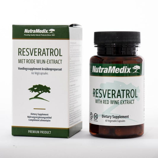 Nutramedix Resveratrol vegetarian capsules, herbal supplement in a clear bottle with 60 capsules, on a white background.