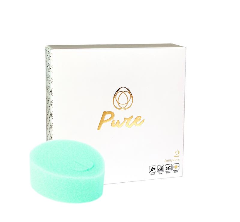 Box of Pure Tampons 2.00 Stuks, feminine hygiene product from Pure, showing the packaging and tampons inside.