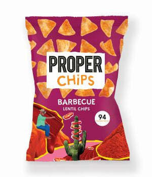 Proper Chips barbecue gluten-free chips in an 85g bag, showing crispy, seasoned potato chips with barbecue flavor.