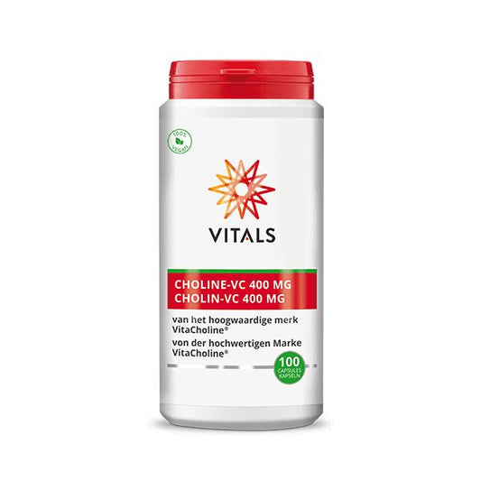 Vitals Choline-VC 400mg vitamin capsules, 100-count bottle, showing the supplement capsules in a container.