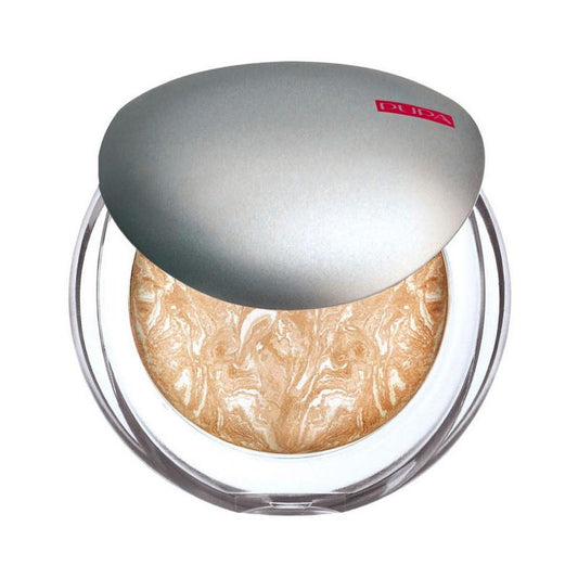 Pupa Luminys baked face powder in shade 001, showcasing a compact makeup product with a smooth, luminous finish.