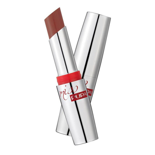 Pupa Miss Pupa lipstick in shade 608, 2ml, with a sleek black tube and the lipstick partially twisted up showing vibrant color.