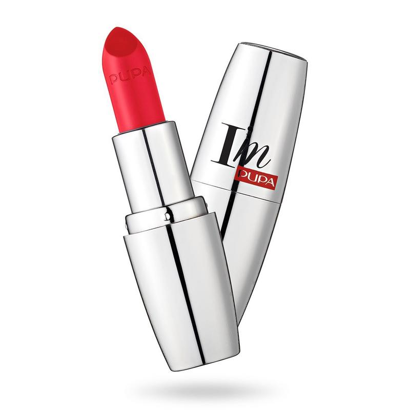 Pupa I'm Pupa lipstick 315 in a sleek tube, with the lipstick partially twisted up, showcasing its vibrant color.
