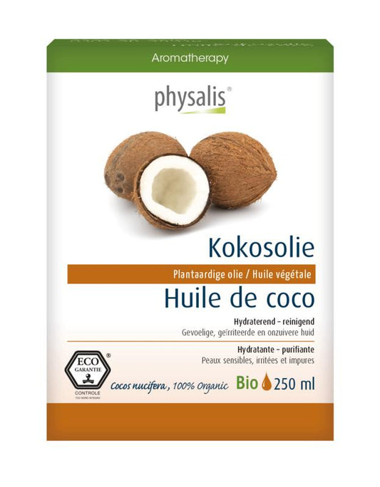 Physalis bio kokosolie in 250ml bottle, natural body care product, smooth coconut oil for skincare and massage.