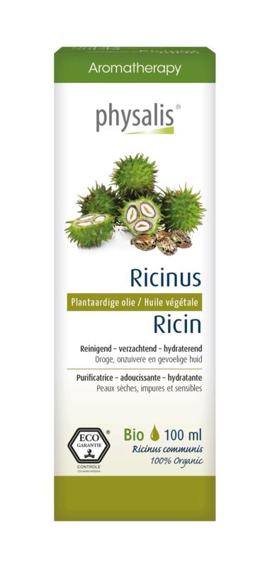 Physalis Ricinus bio body care product in 100ml bottle with natural label and packaging, showcasing eco-friendly design.