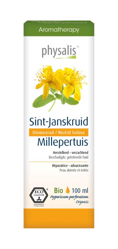Physalis Sint Janskruid bio body care product in a 100ml bottle with a natural label and a dropper cap.