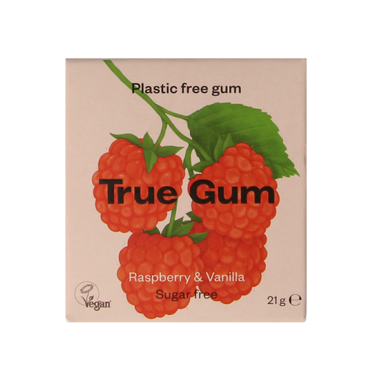 True Gum Raspberry & Vanilla candy, 21g snoepgoed with vibrant raspberry and vanilla flavors, in colorful packaging.