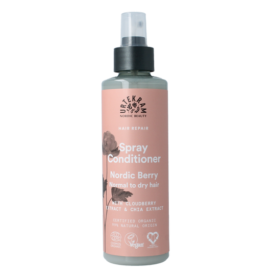 Urtekram Nordic Berry Spray Conditioner for normal to dry hair, 250ml, with berry extract and hydrating formula.