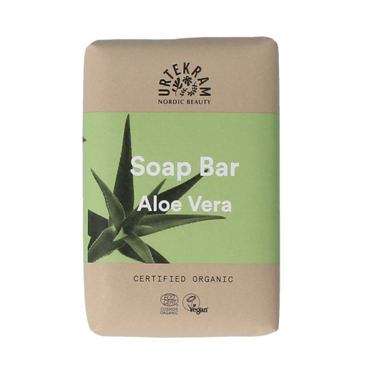 Urtekram aloe vera bio soap bar, 100g, with natural aloe vera ingredients, shown in the image.