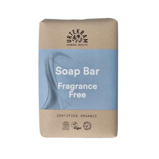 Urtekram fragrance-free organic soap for sensitive skin, 100g, with a clean, minimalist design and natural ingredients visible.