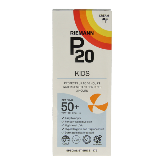 P20 Kids SPF50+ lotion bottle with 200ml size, featuring bright packaging and child-friendly design.
