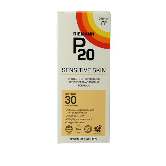 P20 Sensitive lotion SPF30 sun protection lotion in 200ml bottle, gentle formula for sensitive skin, by P20.