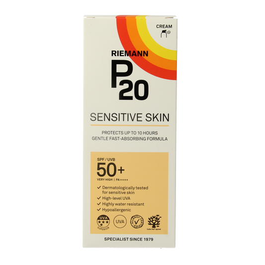 P20 Sensitive SPF50+ sun lotion in 200ml bottle with smooth texture and protective formula for sensitive skin.