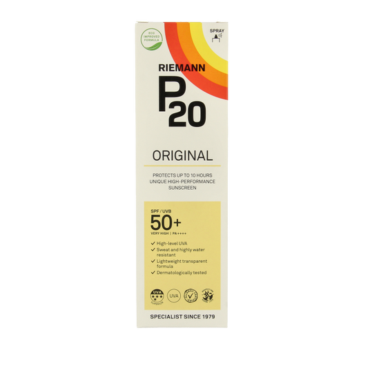P20 Original SPF50+ spray bottle for sun protection, 85ml, with a white and blue packaging design