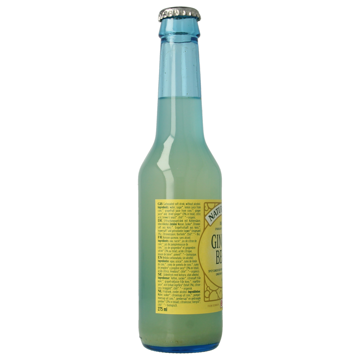Naturfrisk organic ginger beer bottle, 275ml, with label featuring ginger root and natural ingredients, in a clear glass bottle