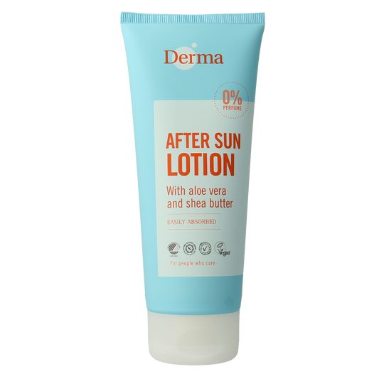 Derma Aftersun lotion 200ml bottle with pump dispenser, soothing aftersun skincare for sun-exposed skin.