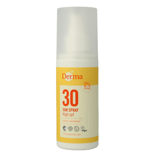 Derma Sun spray SPF30 in 150ml bottle, sun protection Zonnen spray with pump nozzle, outdoor sunscreen product.