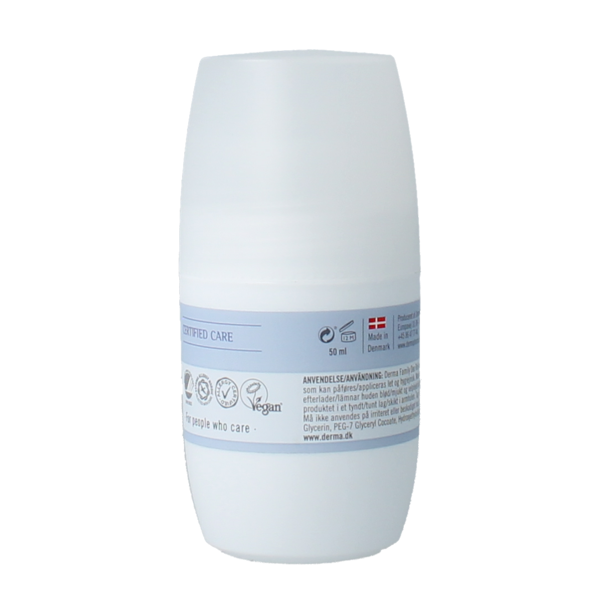 Derma Family deodorant roll-on 50ml bottle with a white cap and clear body, showcasing the deodorant product.