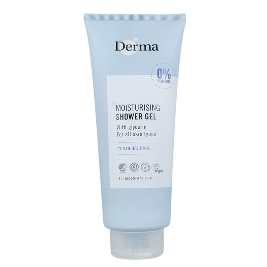 Derma Family shower gel 350ml bottle, gentle bad en douche product with blue and white packaging, suitable for daily use