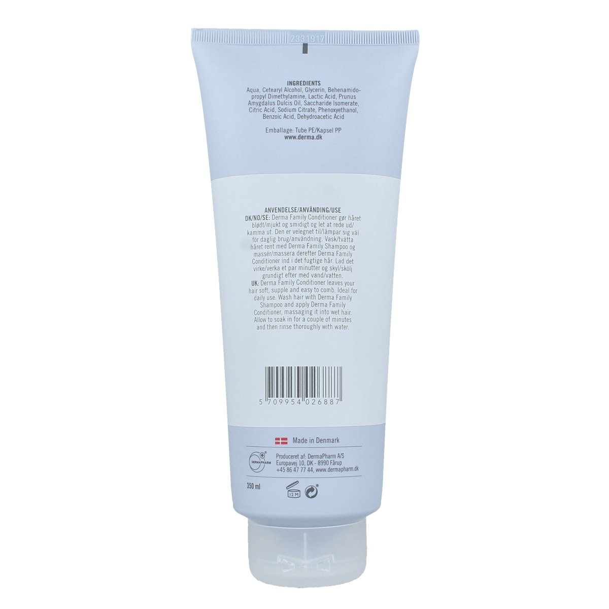 Derma Family Conditioner bottle, 350ml, for hair care, with a white and blue label, in a professional haircare setting.