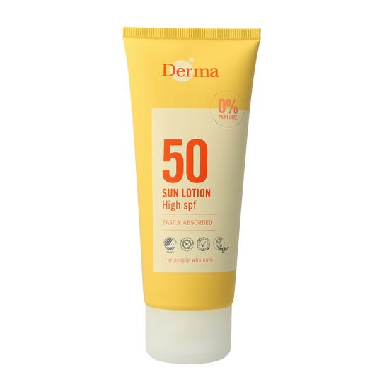 Derma Sun SPF50 sunscreen lotion in 100ml bottle, outdoor sun protection product with a white and blue packaging design.