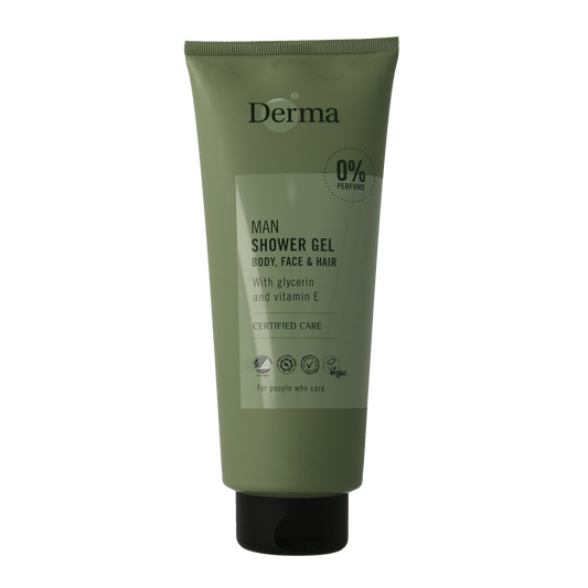Derma Man douchegel for body, face, and hair in a 350ml bottle, featuring a clean, minimalist design and label.