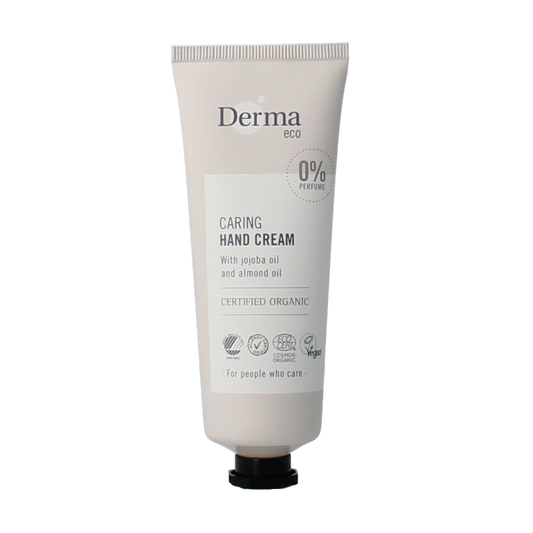 Derma Eco hand cream in 75ml tube, moisturizing hand care product with natural ingredients, displayed in a close-up image