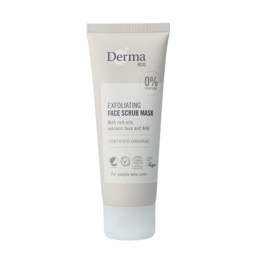 Derma Eco gezichtsscrub in 75ml tube, natural facial skincare product with exfoliating particles, designed for gentle skin renewal.