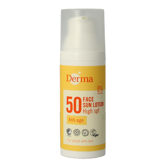 Derma Sun face lotion SPF50 in 50ml bottle, providing sun protection with a smooth, lightweight texture.