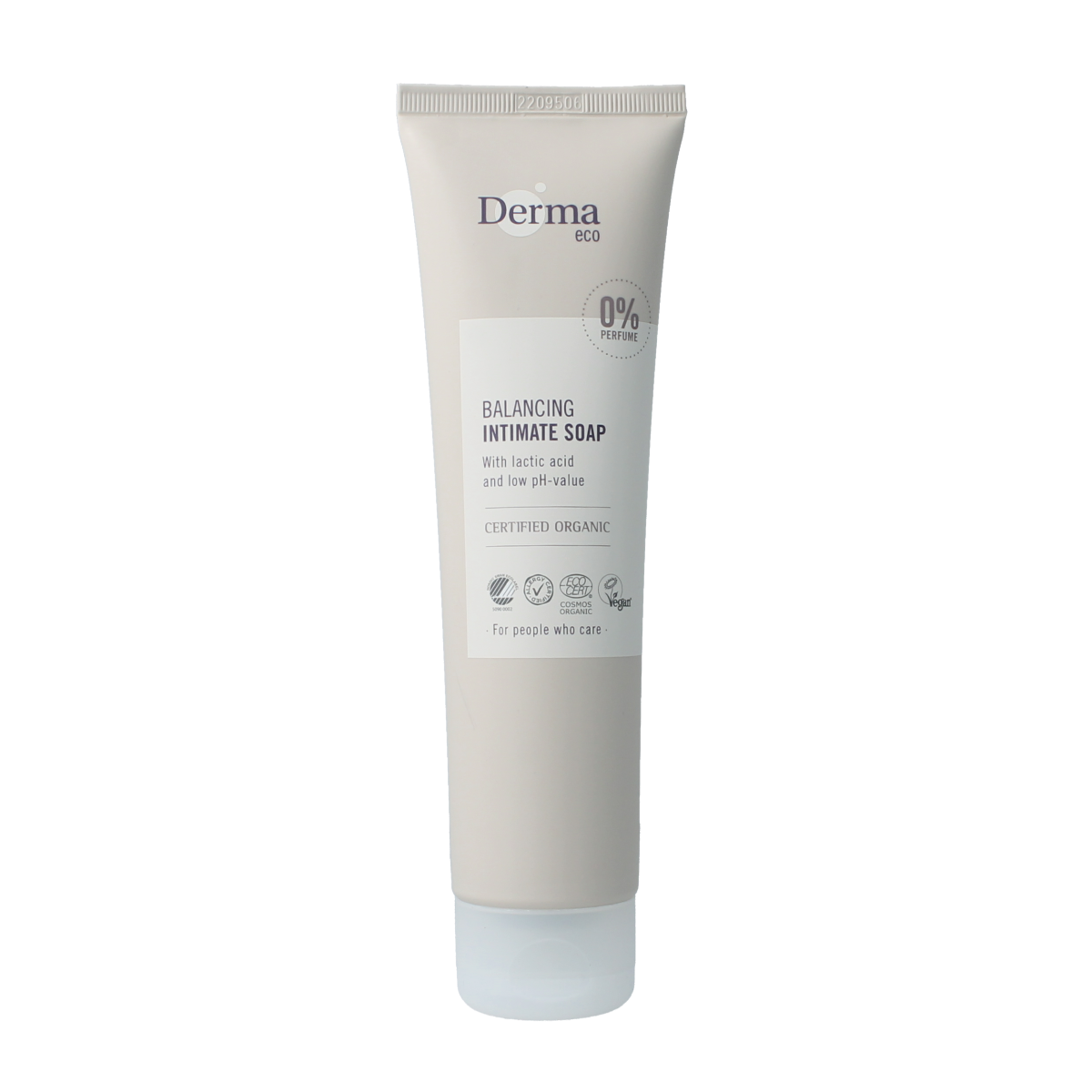 Cream-colored bottle of Derma Eco Intimate Soap for body care, featuring a pump dispenser and eco-friendly packaging.